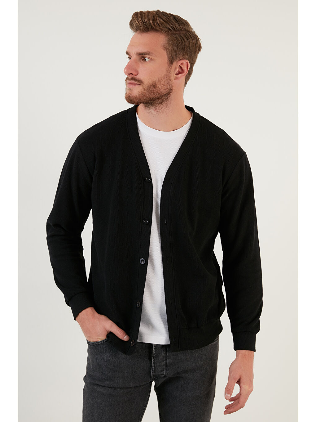 Siyah Pamuklu Regular Fit Düğmeli V Yaka 2'li Paket Hırka 456205S2-2