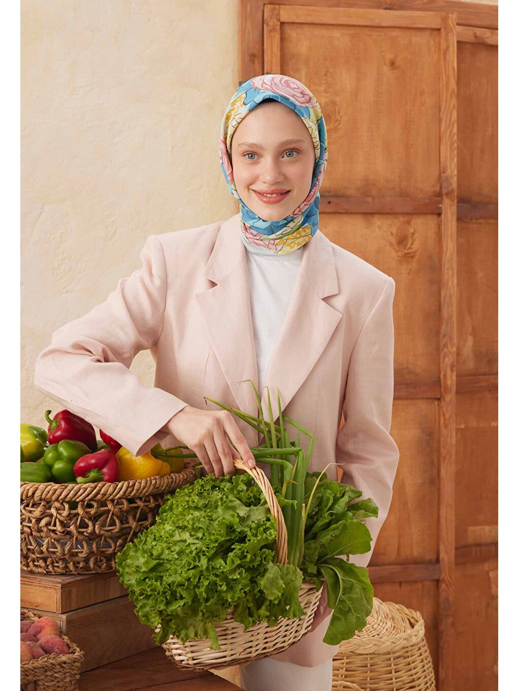 Rose Bouquet Desen Pamuk İpek Eşarp Mavi-1