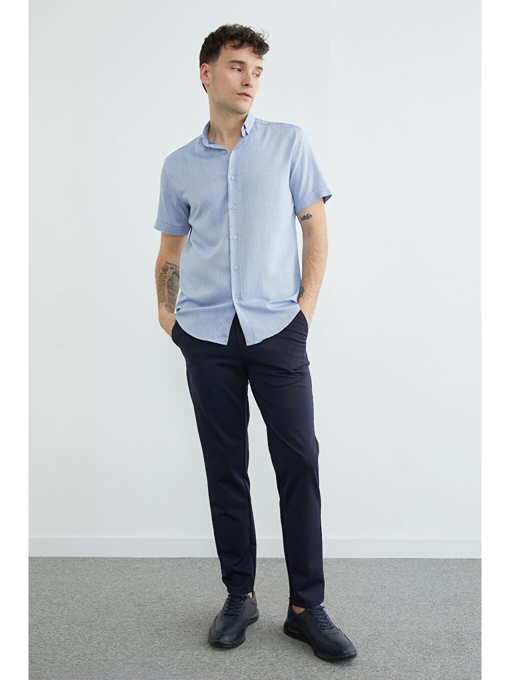 Mavi Çizgili Kısa Kollu Gömlek-1