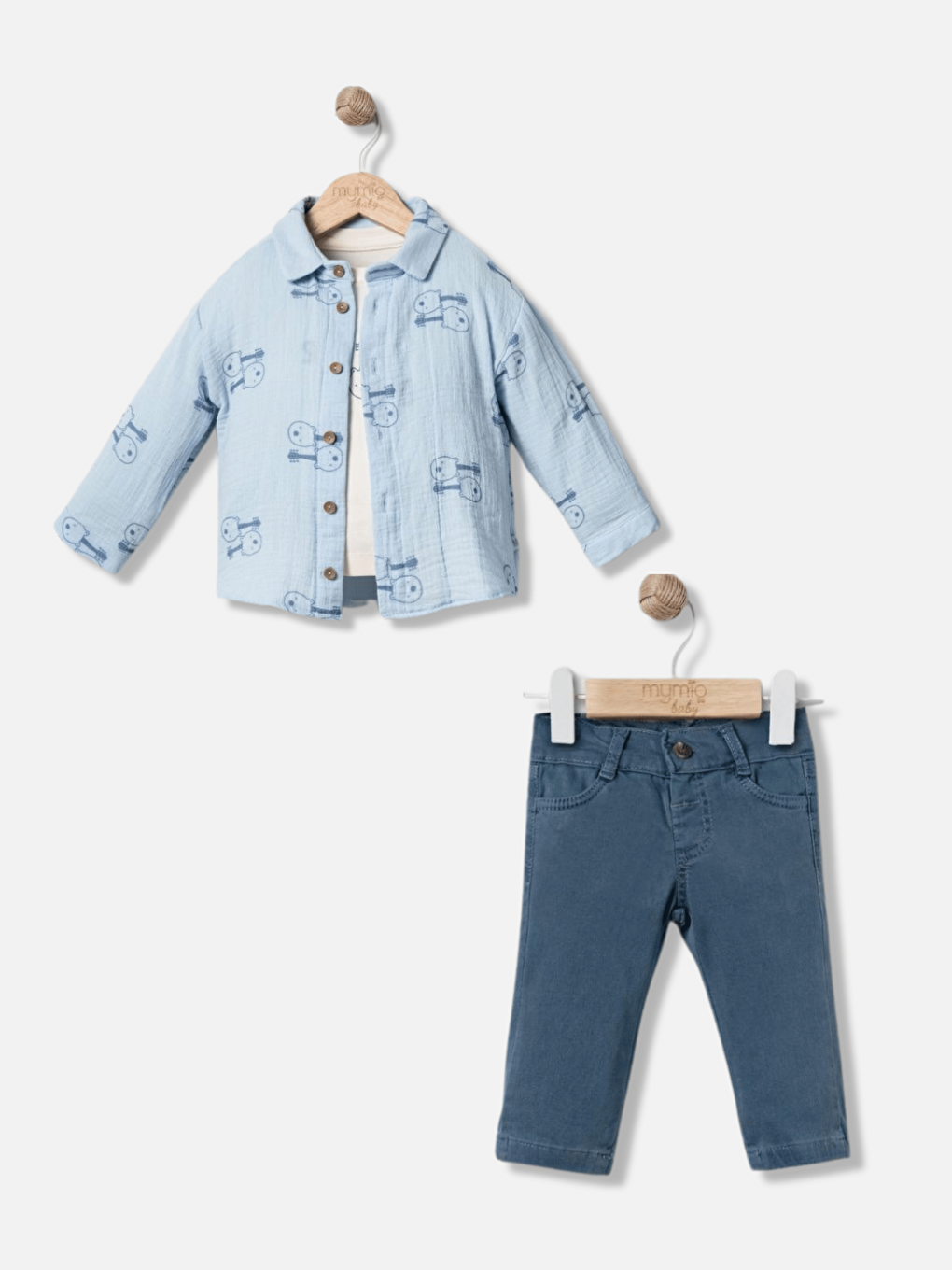 Mavi Müslin Gömlek Pantolon Uzun Kollu Tişört Erkek Bebek 3'lü Takım