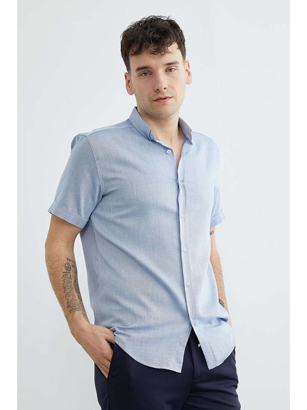 Mavi Çizgili Kısa Kollu Gömlek-3