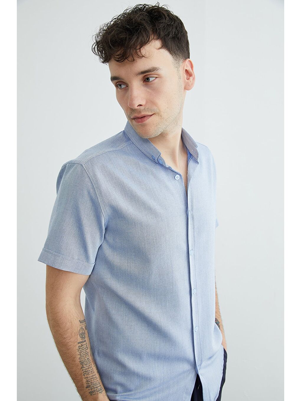 Mavi Çizgili Kısa Kollu Gömlek-4