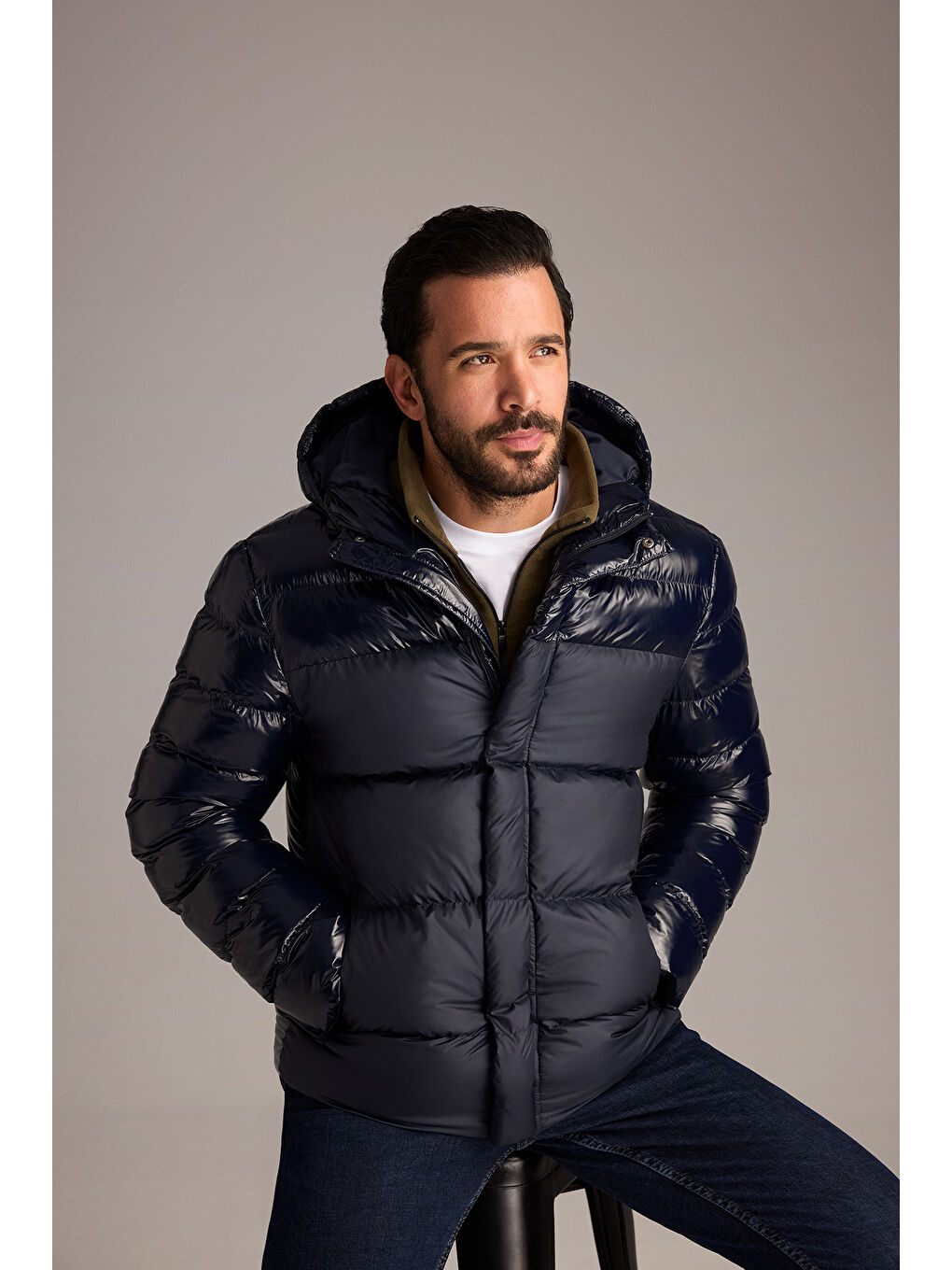 Lacivert Slim Fit Dar Kesim Kapüşonlu Vinil Şişme Mont