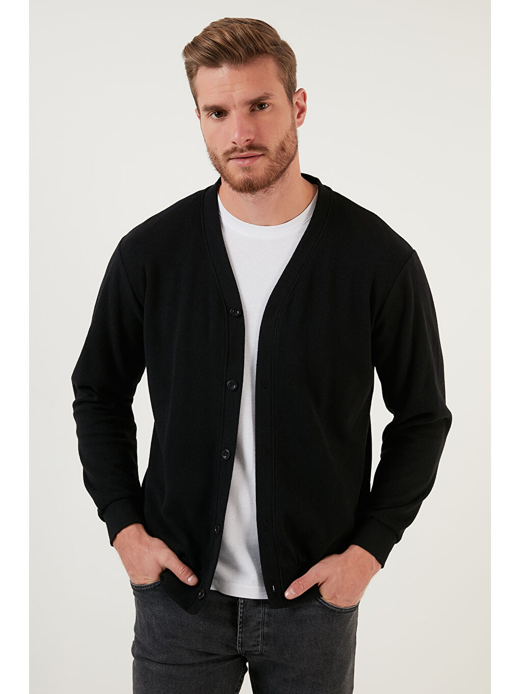 Bordo Pamuklu Regular Fit Düğmeli V Yaka 2'li Paket Hırka 456205S2-1