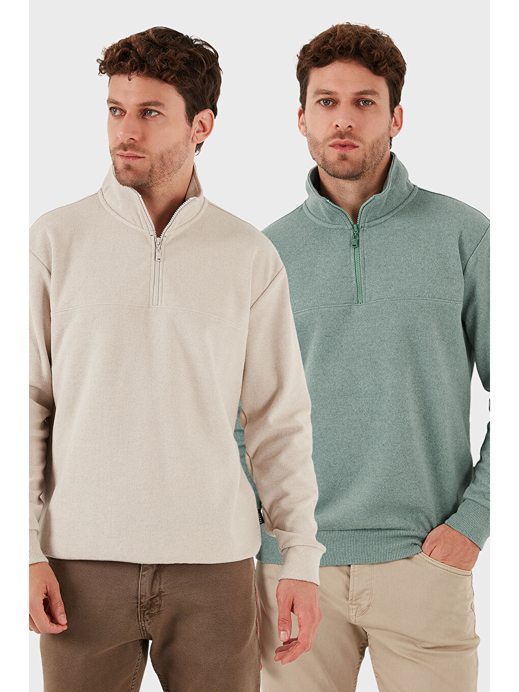 Bej Pamuklu Regular Fit Yarım Fermuarlı Dik Yaka 2'li Paket Kazak 456112S2