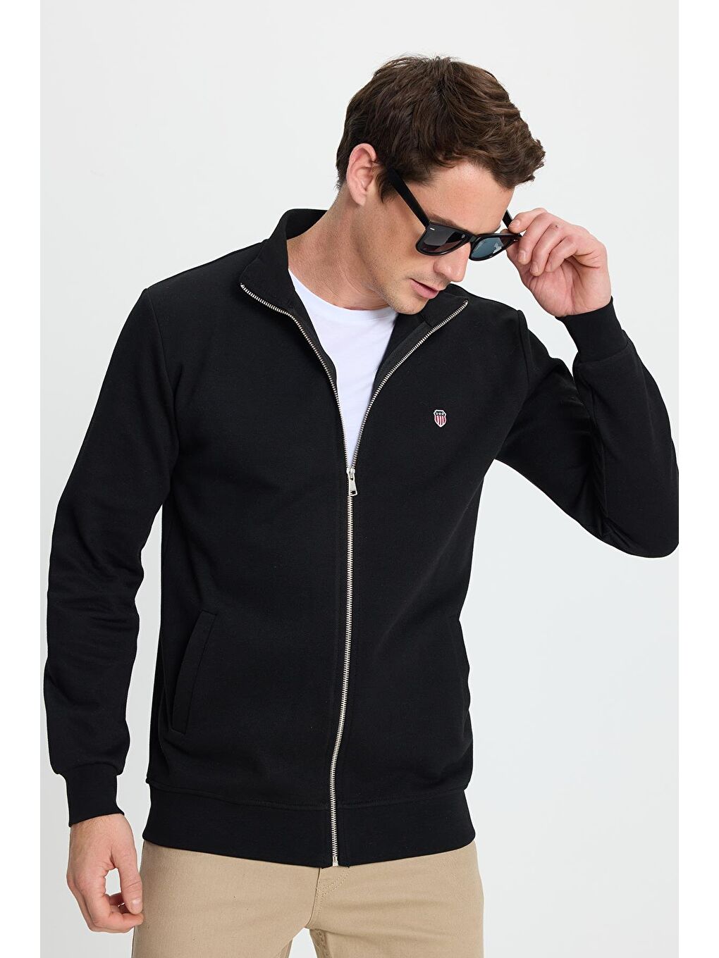 Erkek Slim Fit Dar Kesim Pamuklu Tam Fermuarlı Çift Cepli Dik Yaka Siyah Sweatshirt Hırka-1