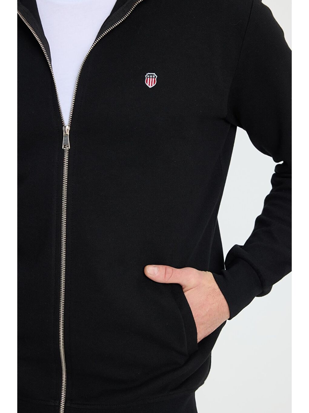 Erkek Slim Fit Dar Kesim Pamuklu Tam Fermuarlı Çift Cepli Dik Yaka Siyah Sweatshirt Hırka-2