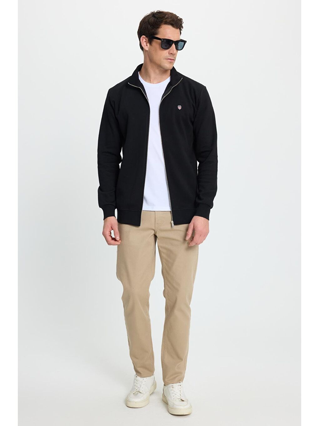 Erkek Slim Fit Dar Kesim Pamuklu Tam Fermuarlı Çift Cepli Dik Yaka Siyah Sweatshirt Hırka-3