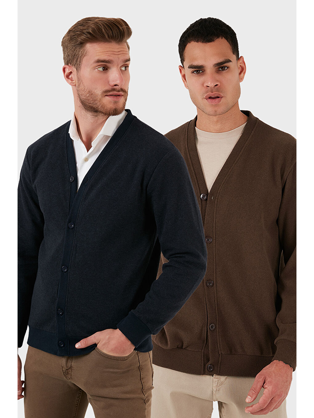 Kahverengi Pamuklu Regular Fit Düğmeli V Yaka 2'li Paket Hırka 456205S2