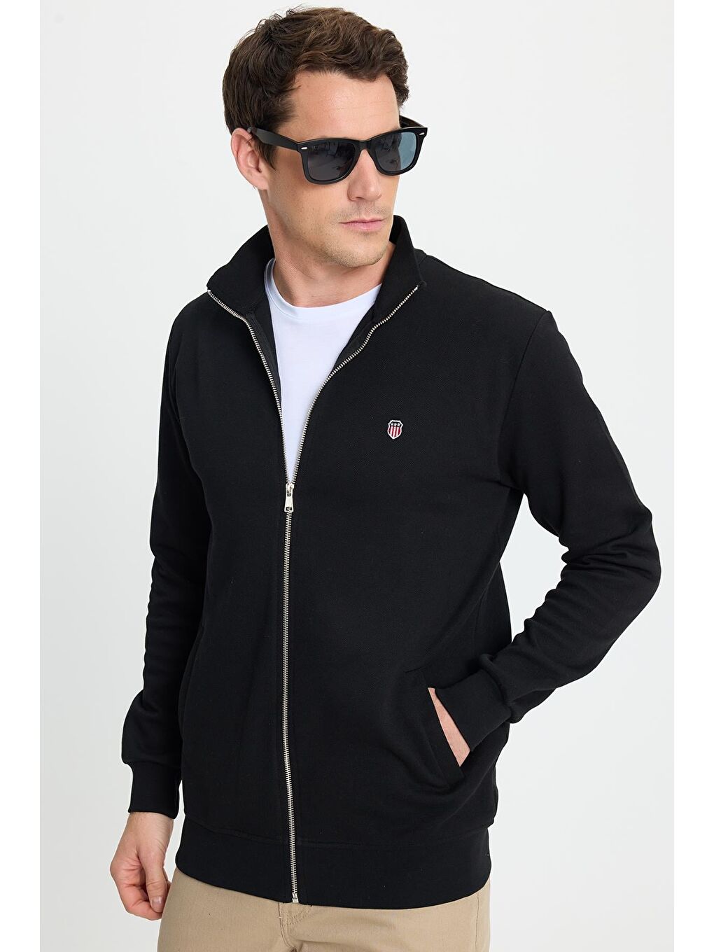 Erkek Slim Fit Dar Kesim Pamuklu Tam Fermuarlı Çift Cepli Dik Yaka Siyah Sweatshirt Hırka-4
