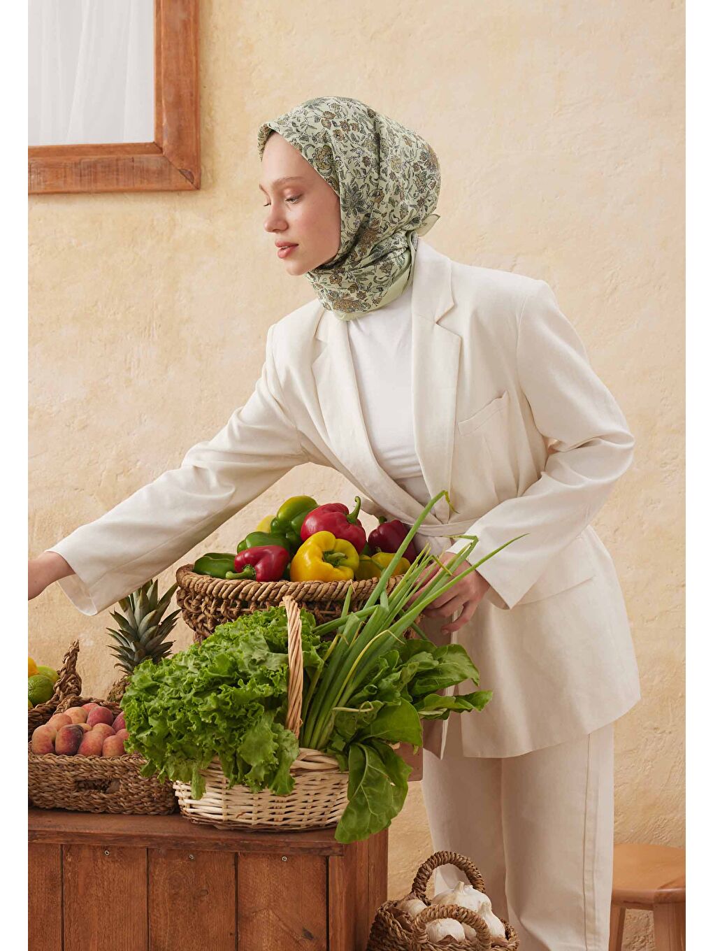 Morocco Desen Pamuk İpek Eşarp Soft Yeşil