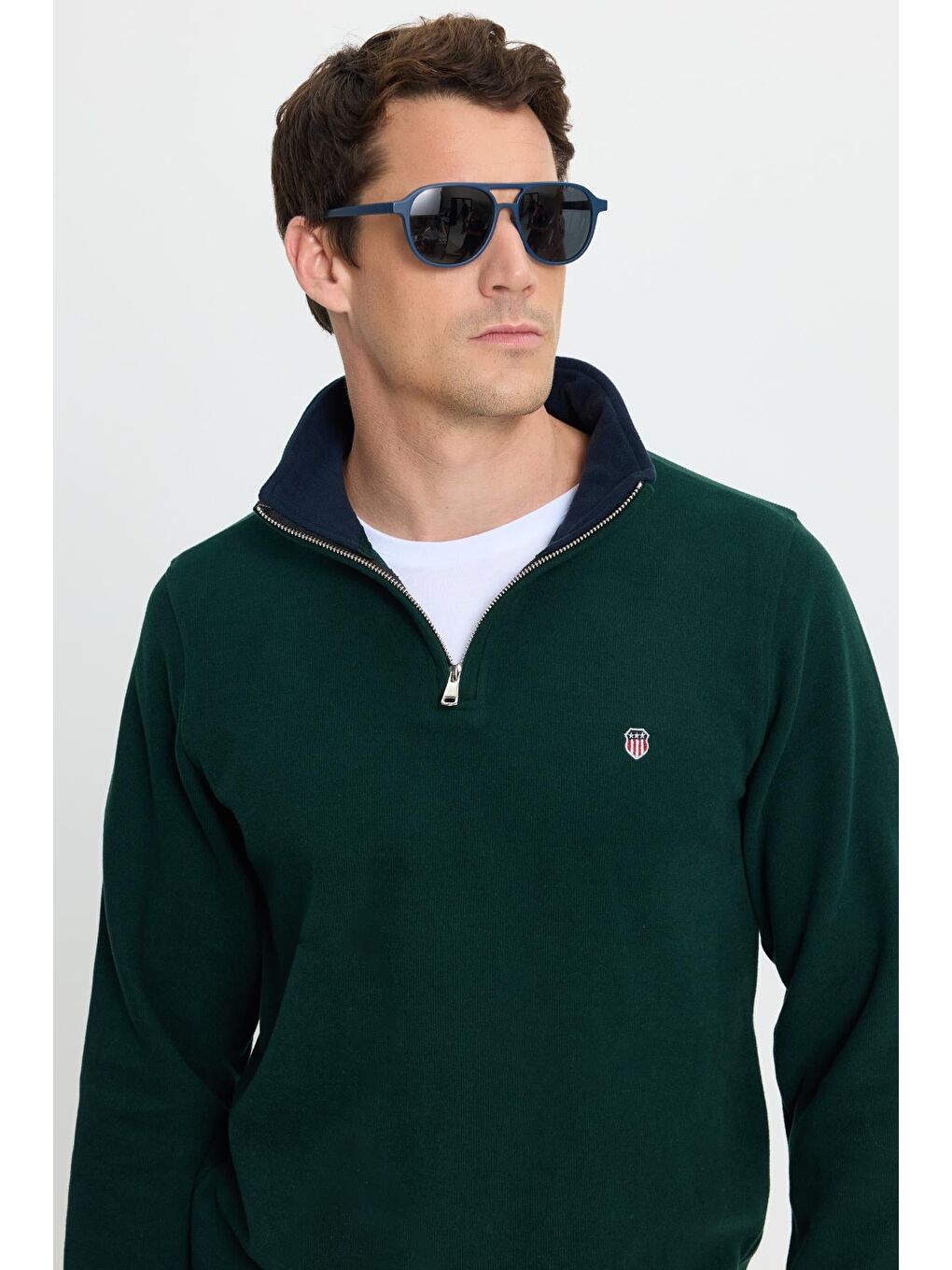 Erkek Slim Fit Dar Kesim Pamuklu Selanik Kumaş Dik Yaka Yeşil Sweatshirt-1