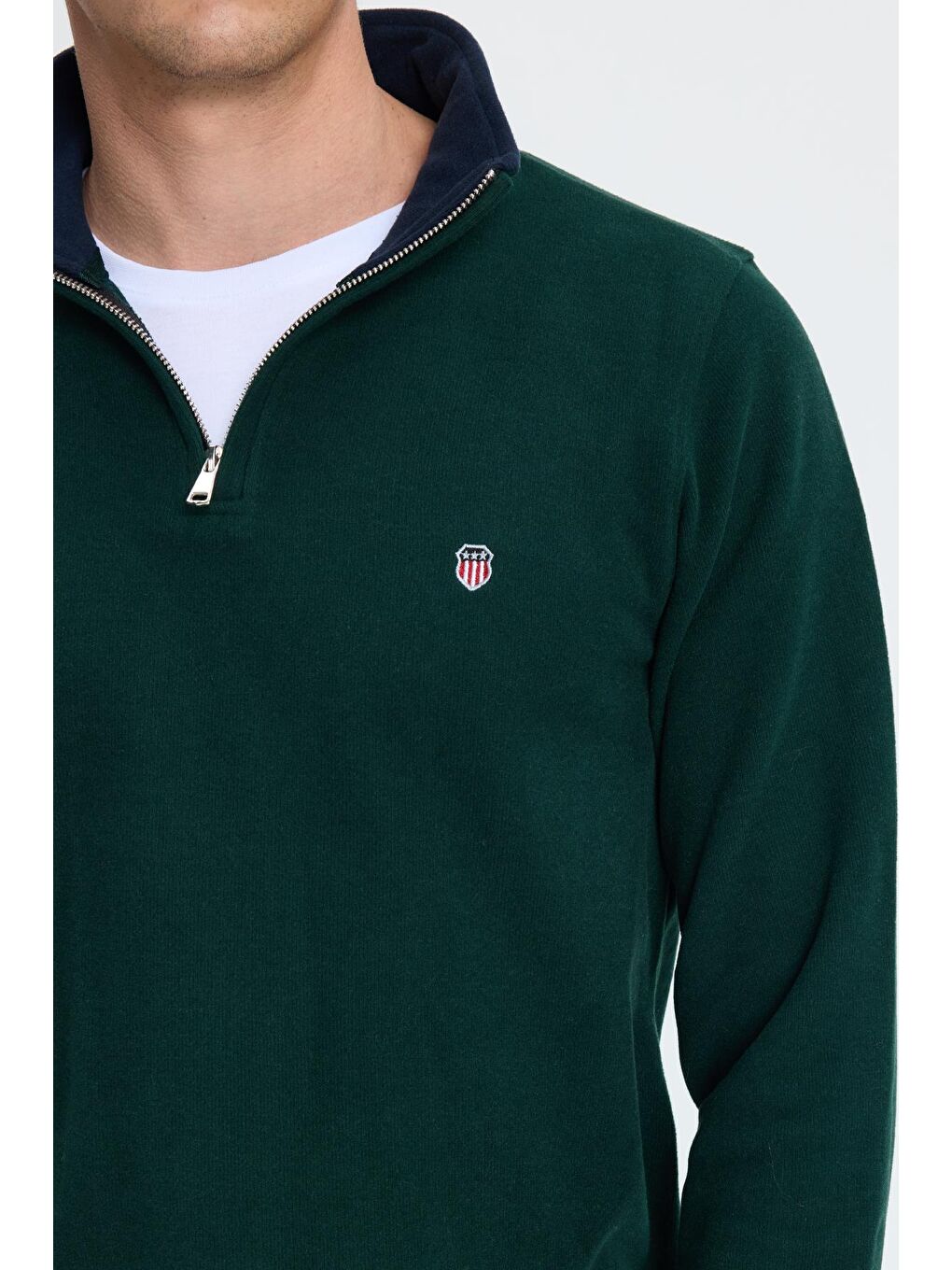 Erkek Slim Fit Dar Kesim Pamuklu Selanik Kumaş Dik Yaka Yeşil Sweatshirt-2