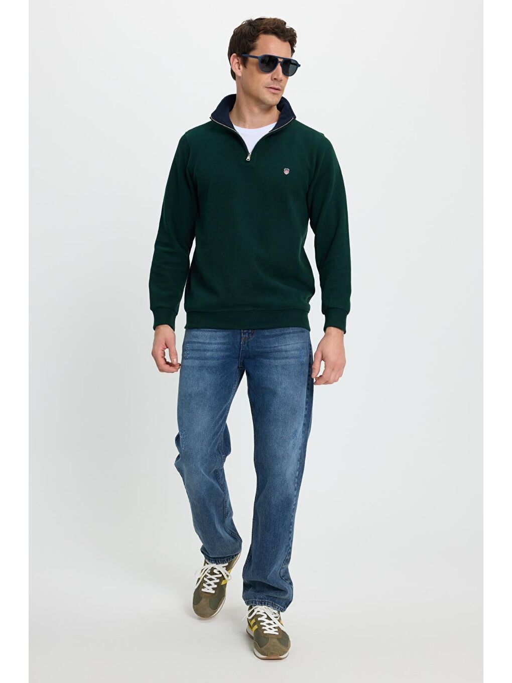 Erkek Slim Fit Dar Kesim Pamuklu Selanik Kumaş Dik Yaka Yeşil Sweatshirt-4