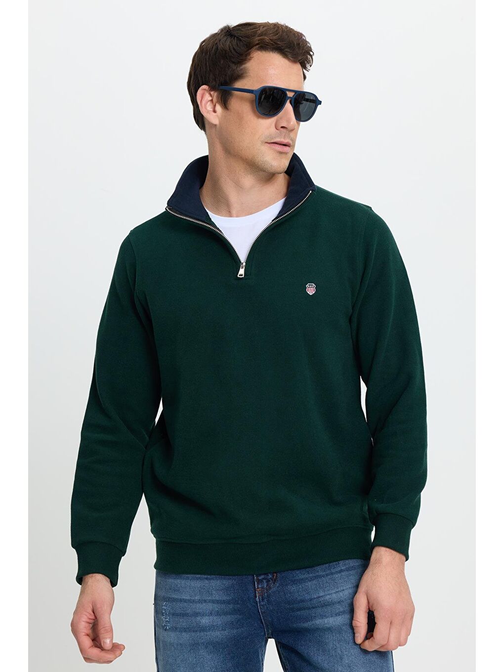 Erkek Slim Fit Dar Kesim Pamuklu Selanik Kumaş Dik Yaka Yeşil Sweatshirt-5