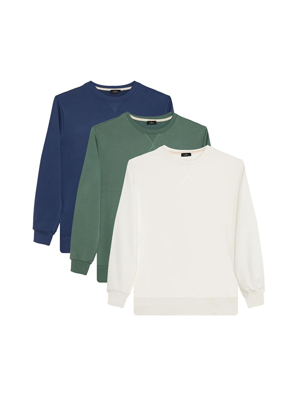 Karışık Unisex 3'Lü Paket Beyaz-Yeşil-Mavi Relax Fit %100 Pamuk 3 İplik Bisiklet Yaka Sweatshirt