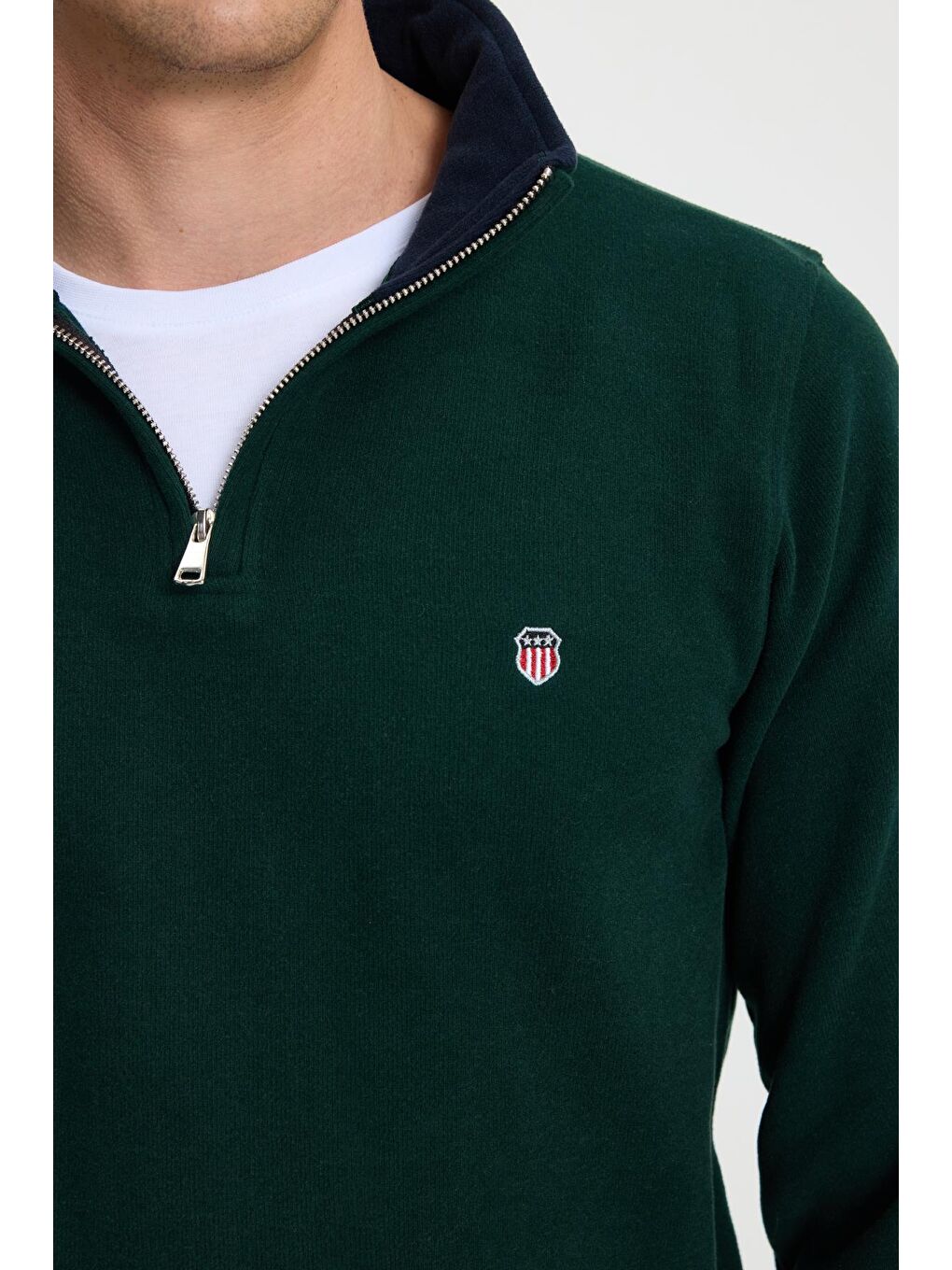 Erkek Slim Fit Dar Kesim Pamuklu Selanik Kumaş Dik Yaka Yeşil Sweatshirt-6