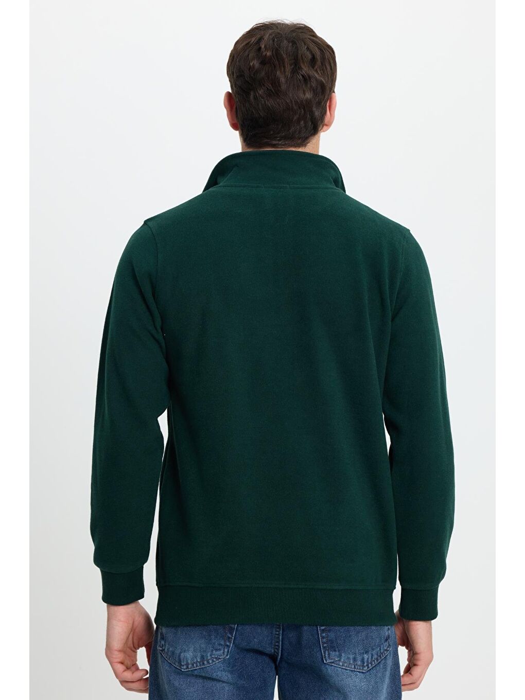 Erkek Slim Fit Dar Kesim Pamuklu Selanik Kumaş Dik Yaka Yeşil Sweatshirt-7