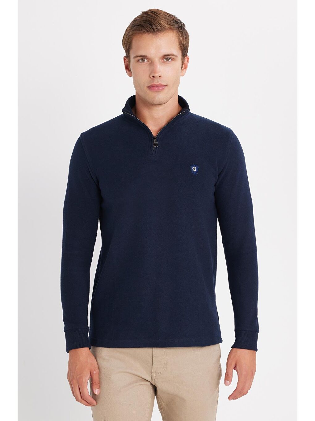 Erkek Slim Fit Dar Kesim Pamuklu Selanik Kumaş Yarım Fermuarlı Lacivert Dik Yaka Sweatshirt