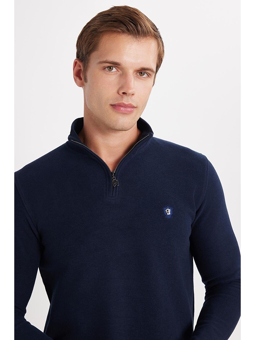 Erkek Slim Fit Dar Kesim Pamuklu Selanik Kumaş Yarım Fermuarlı Lacivert Dik Yaka Sweatshirt-1
