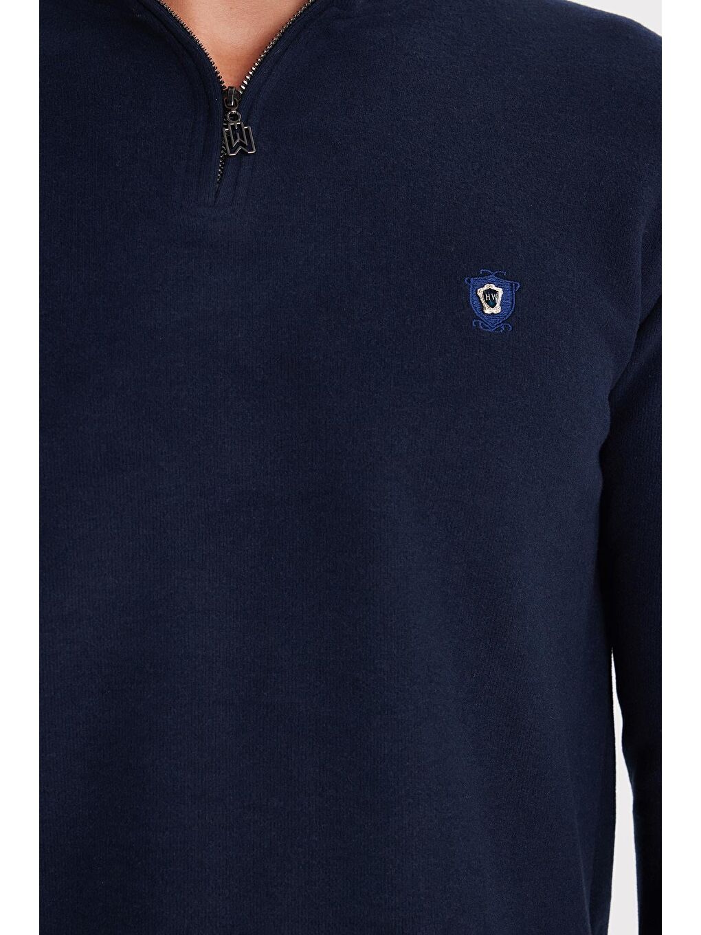 Erkek Slim Fit Dar Kesim Pamuklu Selanik Kumaş Yarım Fermuarlı Lacivert Dik Yaka Sweatshirt-2