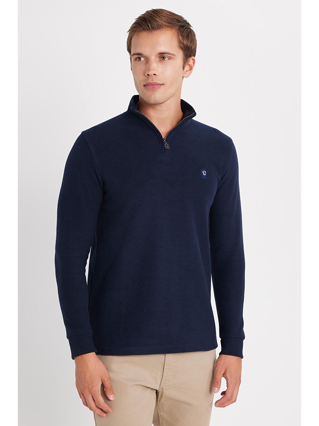 Erkek Slim Fit Dar Kesim Pamuklu Selanik Kumaş Yarım Fermuarlı Lacivert Dik Yaka Sweatshirt-3