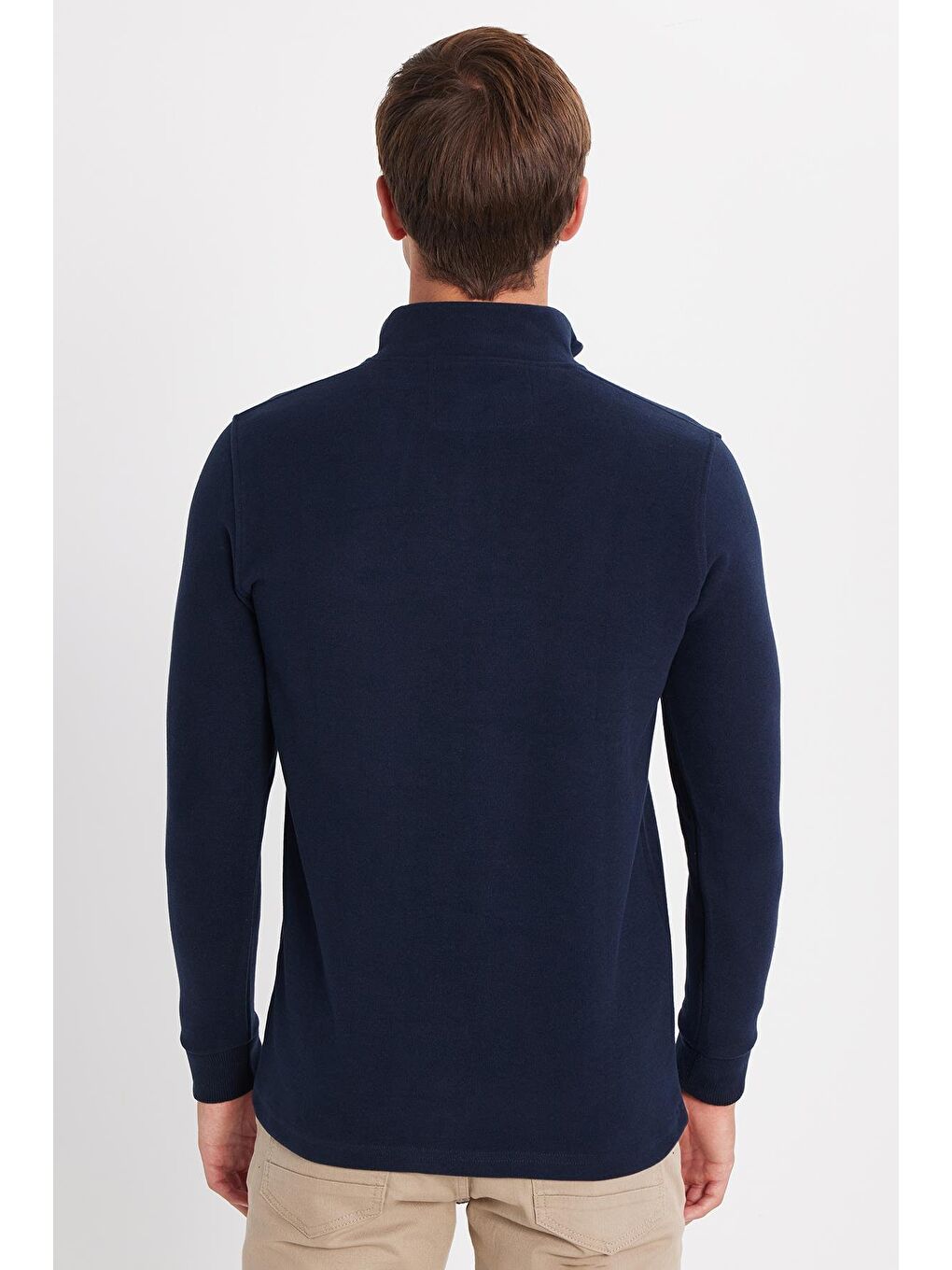 Erkek Slim Fit Dar Kesim Pamuklu Selanik Kumaş Yarım Fermuarlı Lacivert Dik Yaka Sweatshirt-4