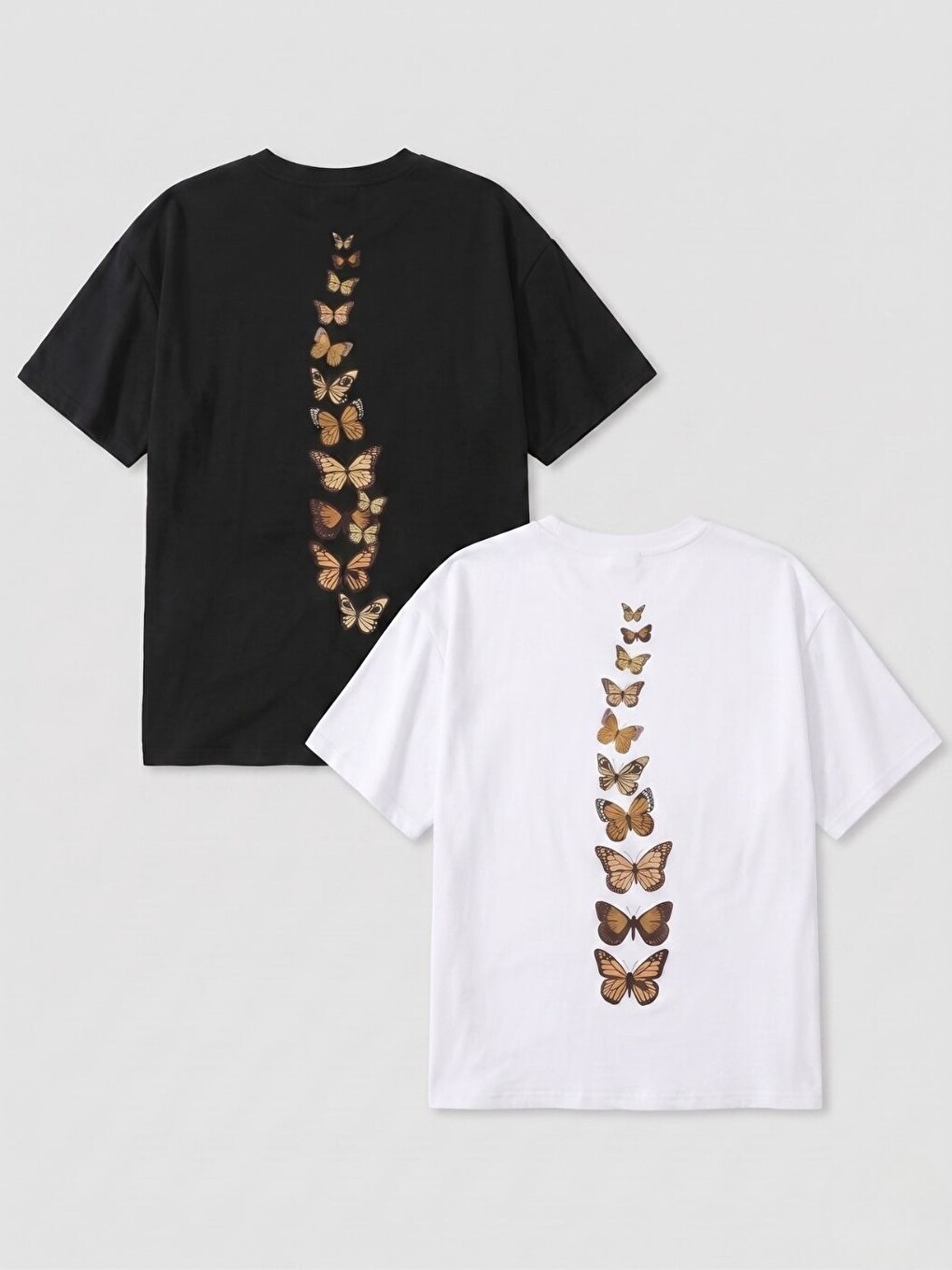 2Li Siyah+Beyaz Dikey Kelebekler Baskılı Comfort Fit Tişört