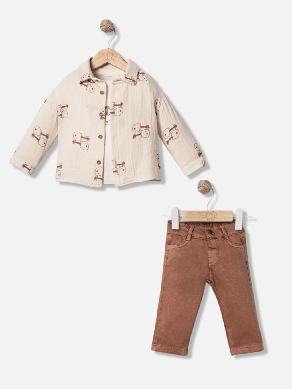 Bej Müslin Gömlek Pantolon Uzun Kollu Tişört Erkek Bebek 3'lü Takım