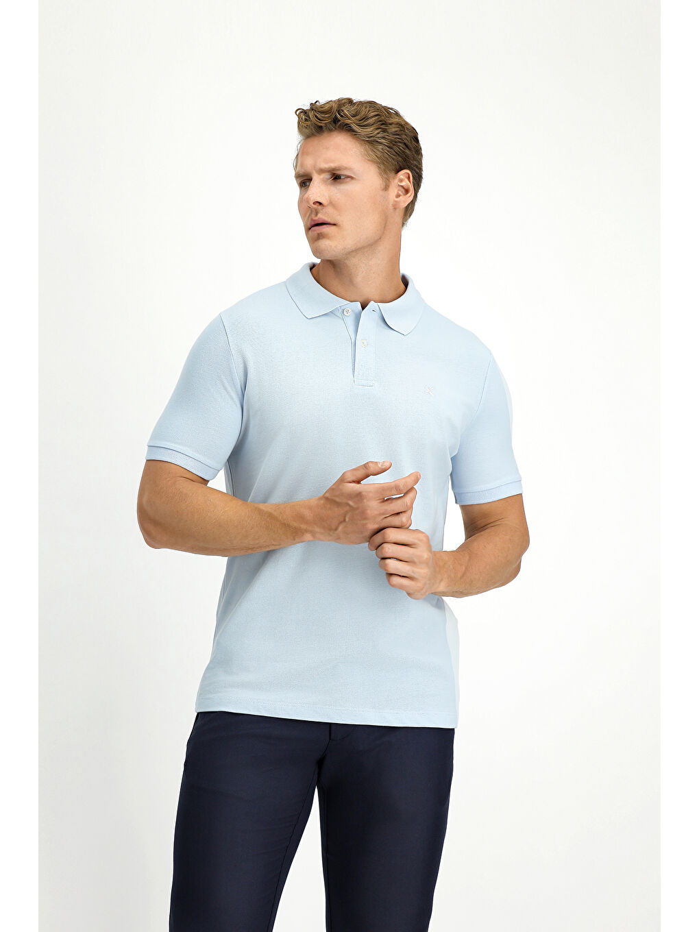 Mavi Polo Yaka Slim Fit Dar Kesim Nakışlı Pamuk %100 Pamuk Tişört