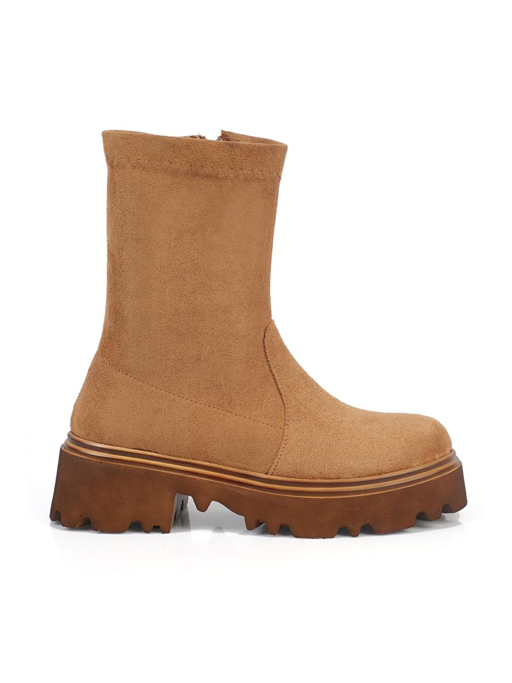 Bej Yuvarlak Burunlu Streç Yandan Fermuarlı Kadın Bot-1