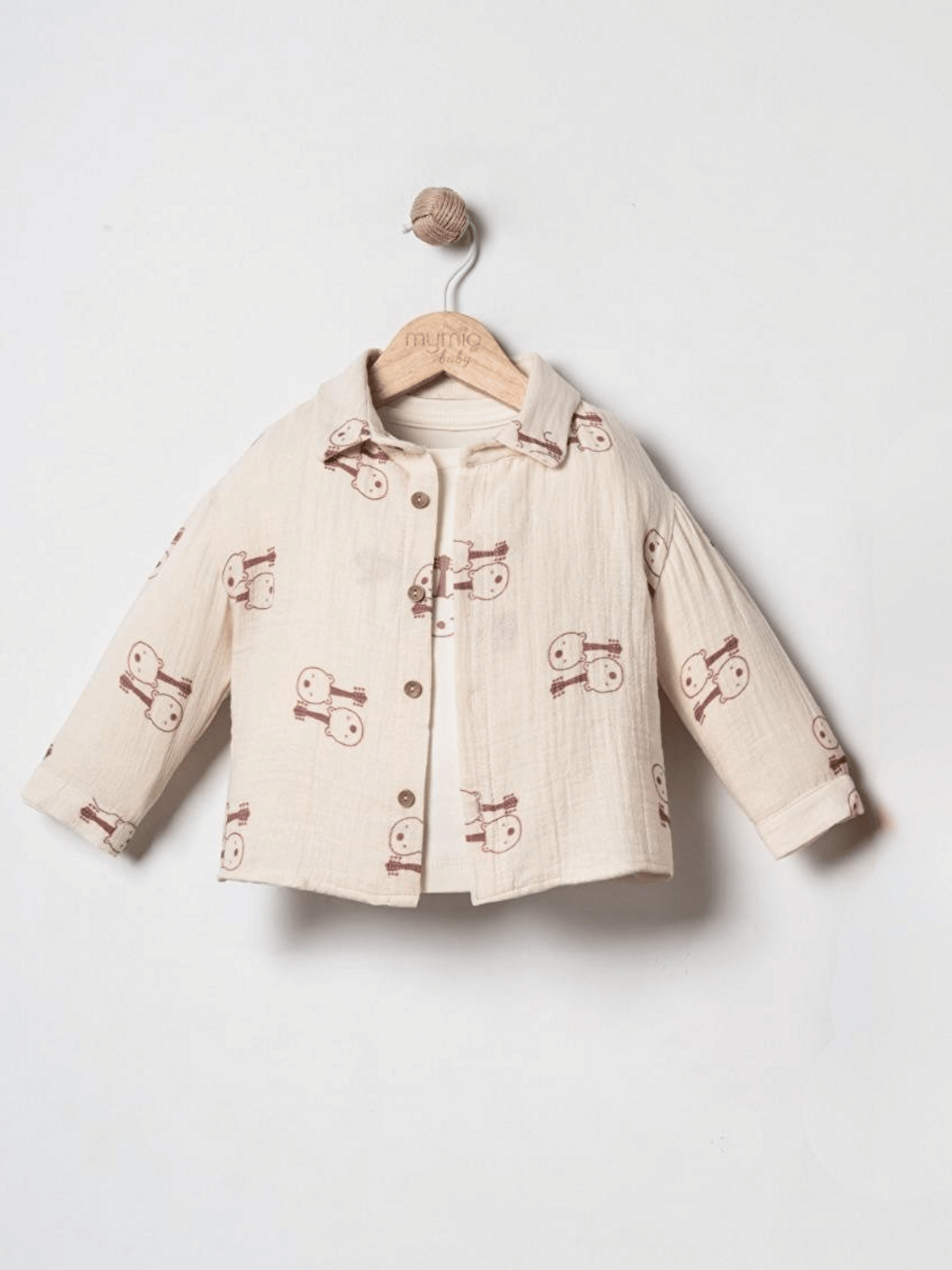 Bej Müslin Gömlek Pantolon Uzun Kollu Tişört Erkek Bebek 3'lü Takım-1