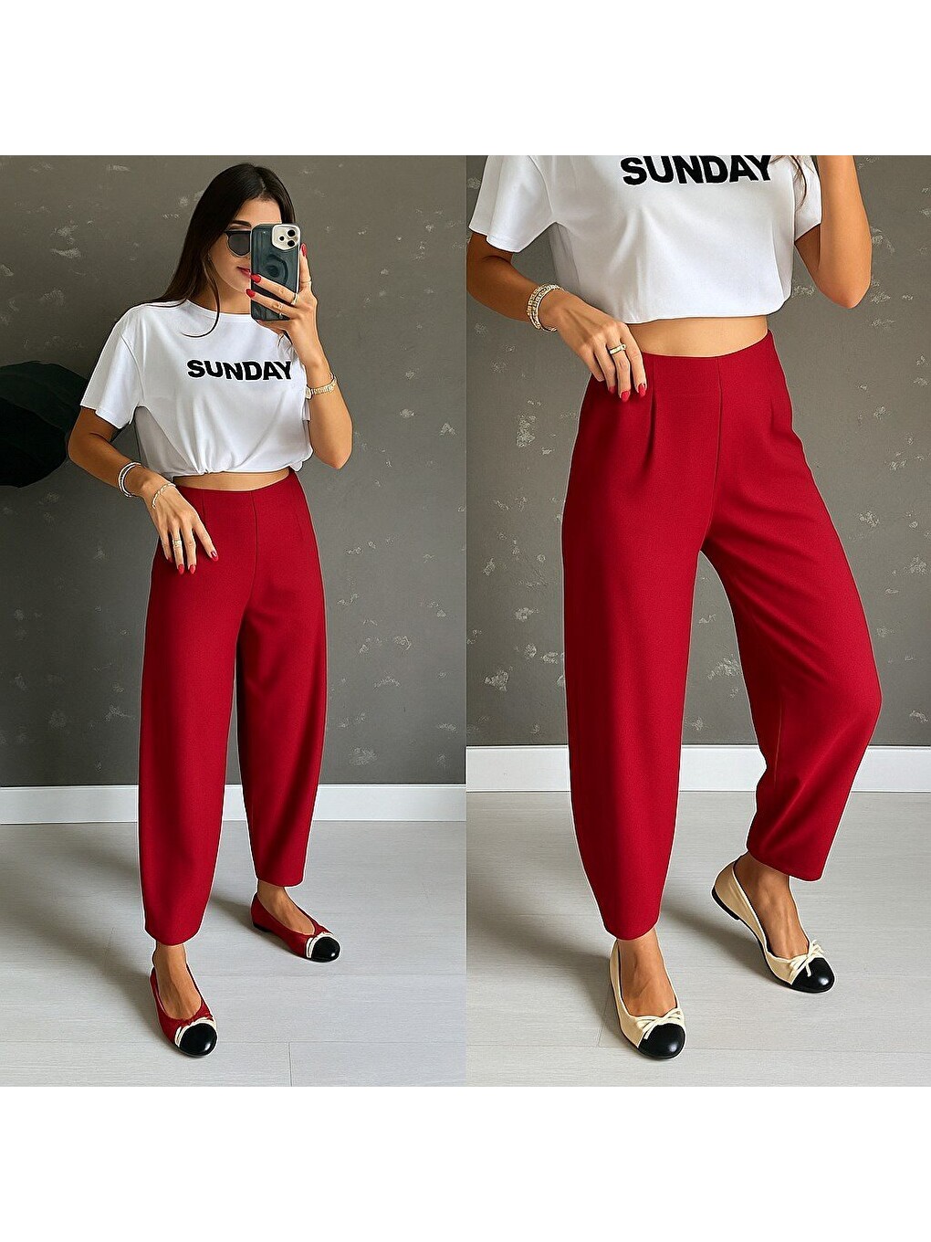 Kırmızı Kadın Yüksek Bel Krep Pantolon-3