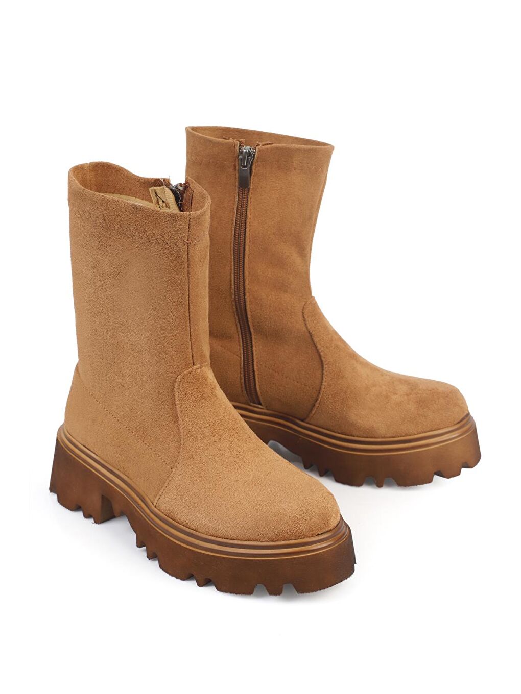 Bej Yuvarlak Burunlu Streç Yandan Fermuarlı Kadın Bot-2