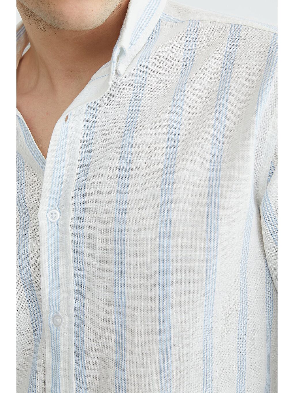 Mavi Çizgili Keten Görünümlü Gömlek-3