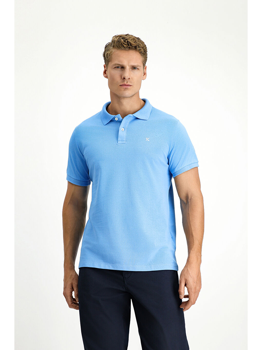 Mavi Polo Yaka Slim Fit Dar Kesim Nakışlı Pamuk %100 Pamuk Tişört