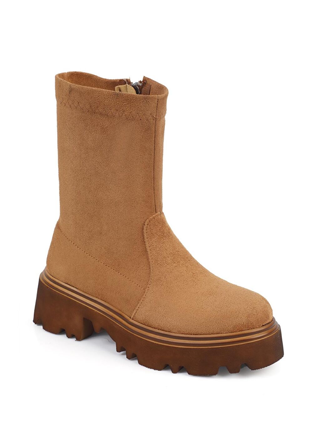 Bej Yuvarlak Burunlu Streç Yandan Fermuarlı Kadın Bot-3