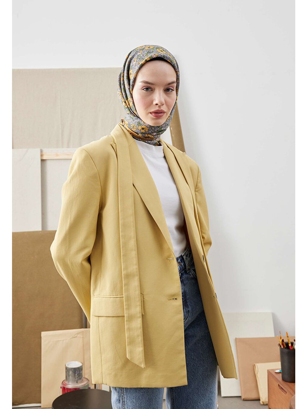 Bloomıng Garden Desen Pamuk İpek Eşarp Mavi-2