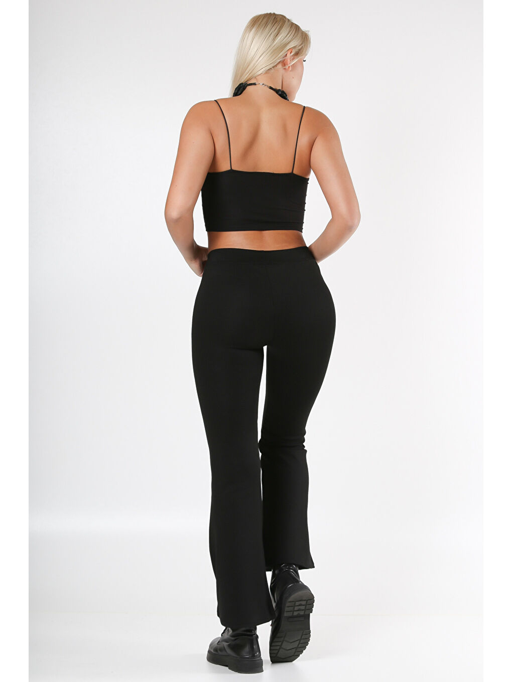 Siyah Lastikli Bel İspanyol Paça Örme Pantolon-1