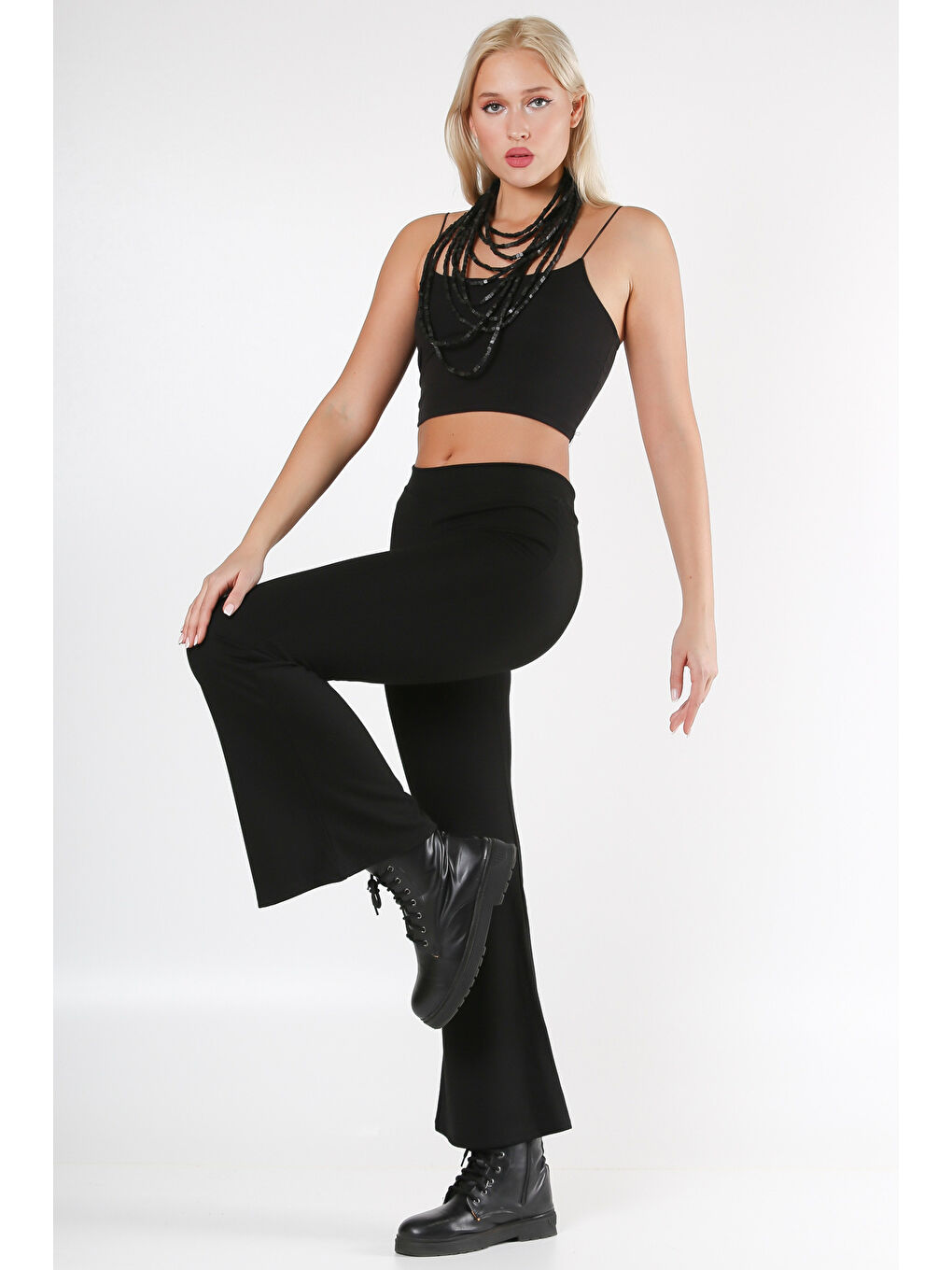 Siyah Lastikli Bel İspanyol Paça Örme Pantolon-2