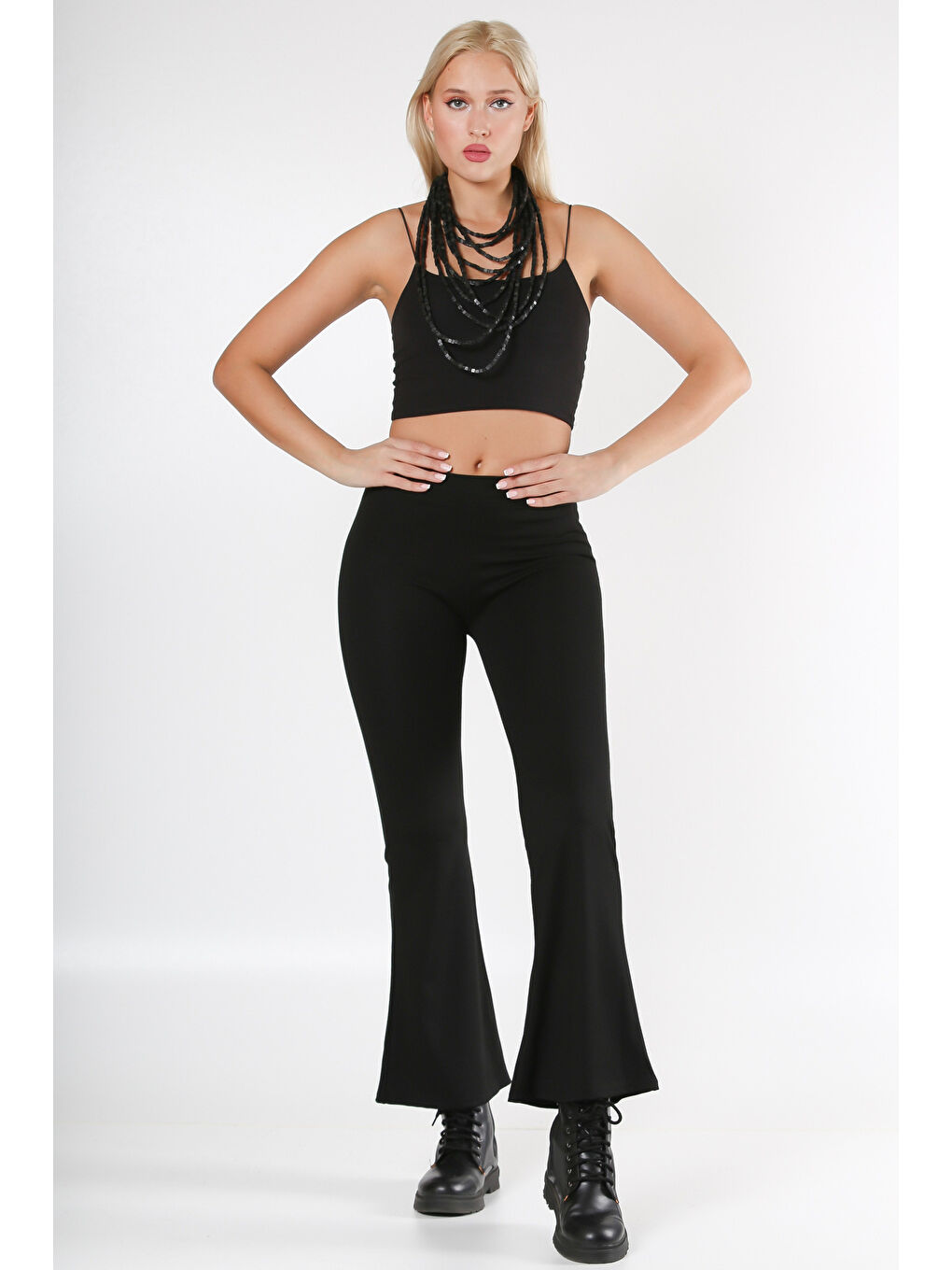 Siyah Lastikli Bel İspanyol Paça Örme Pantolon-6