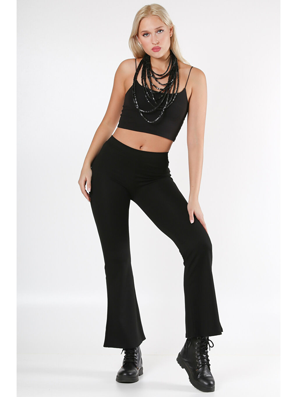 Siyah Lastikli Bel İspanyol Paça Örme Pantolon-7