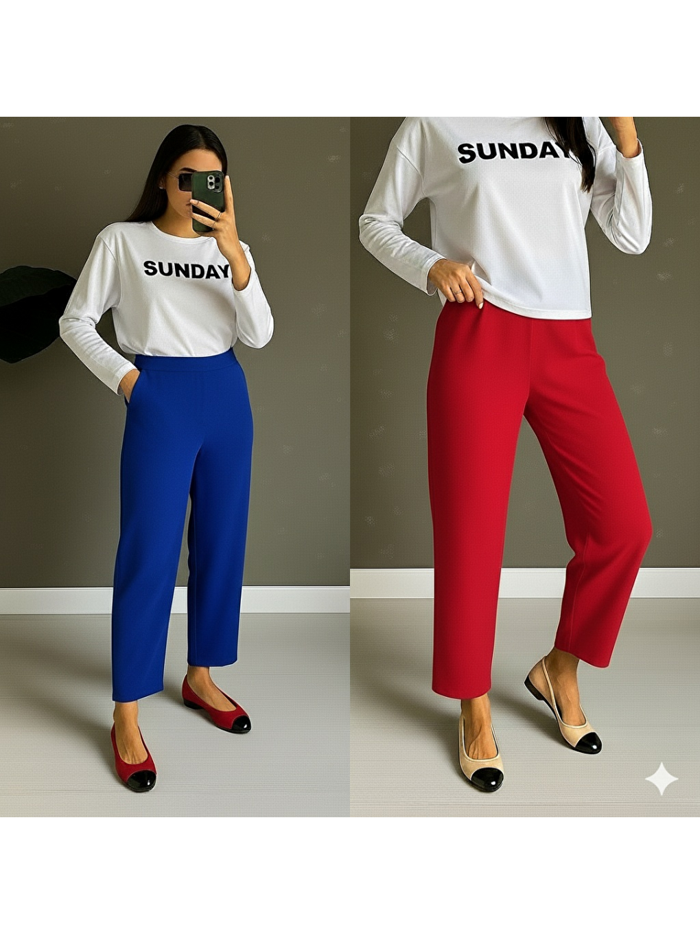 Kırmızı Kadın Yüksek Bel Krep Pantolon-5