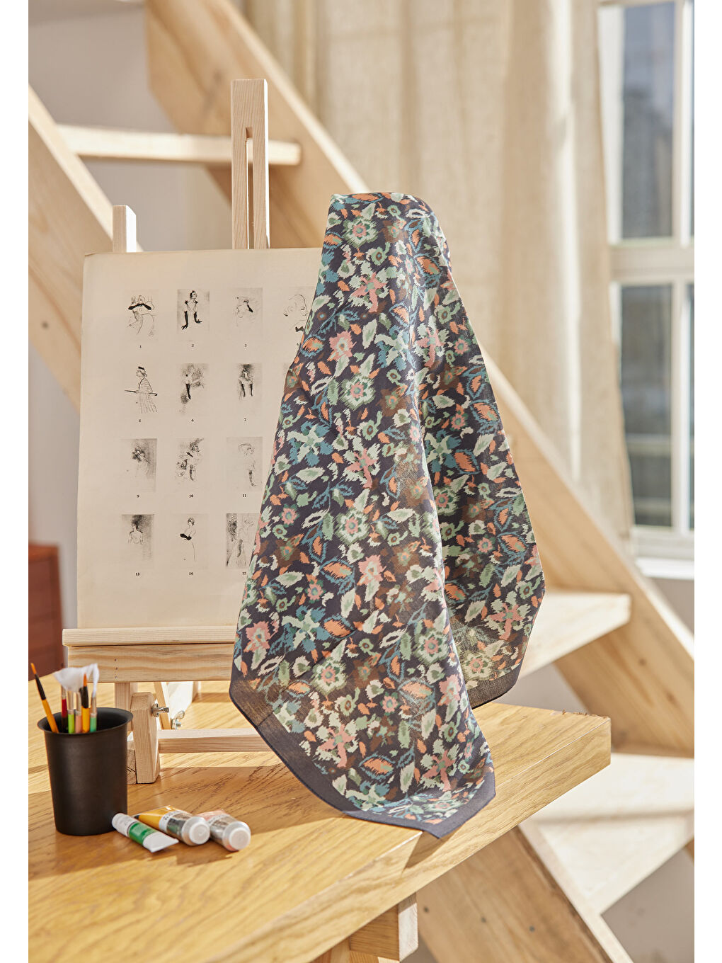 Etnıc Desen Pamuk İpek Eşarp Turkuaz