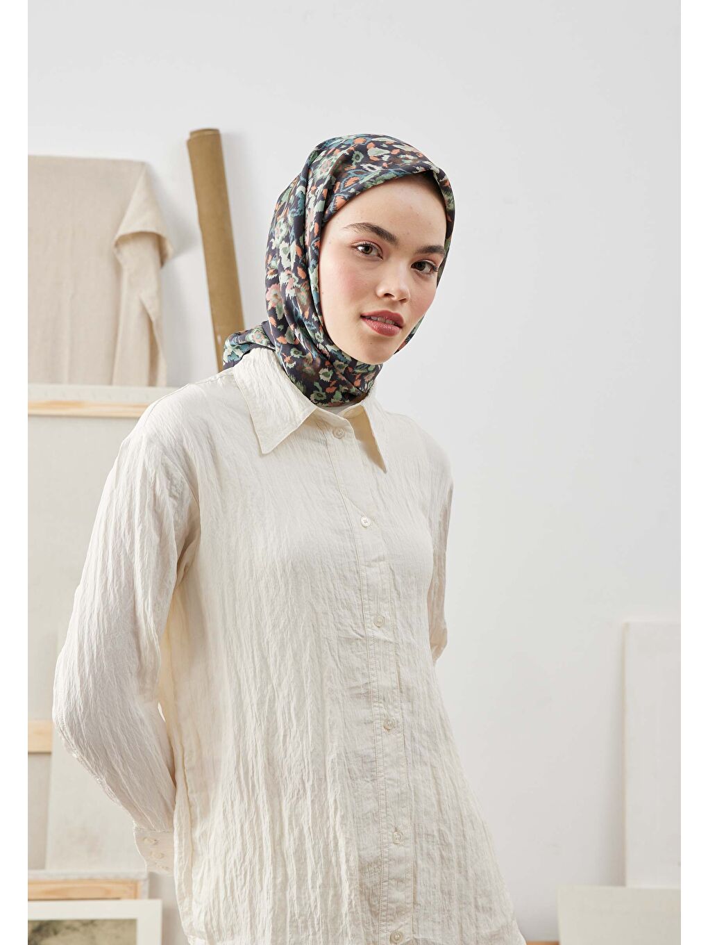 Etnıc Desen Pamuk İpek Eşarp Turkuaz-1