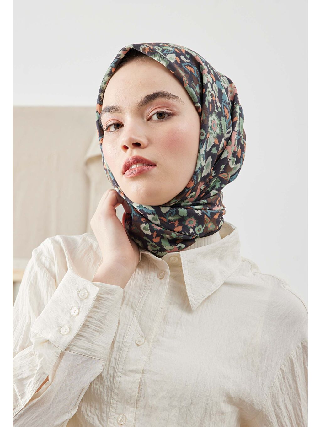 Etnıc Desen Pamuk İpek Eşarp Turkuaz-2