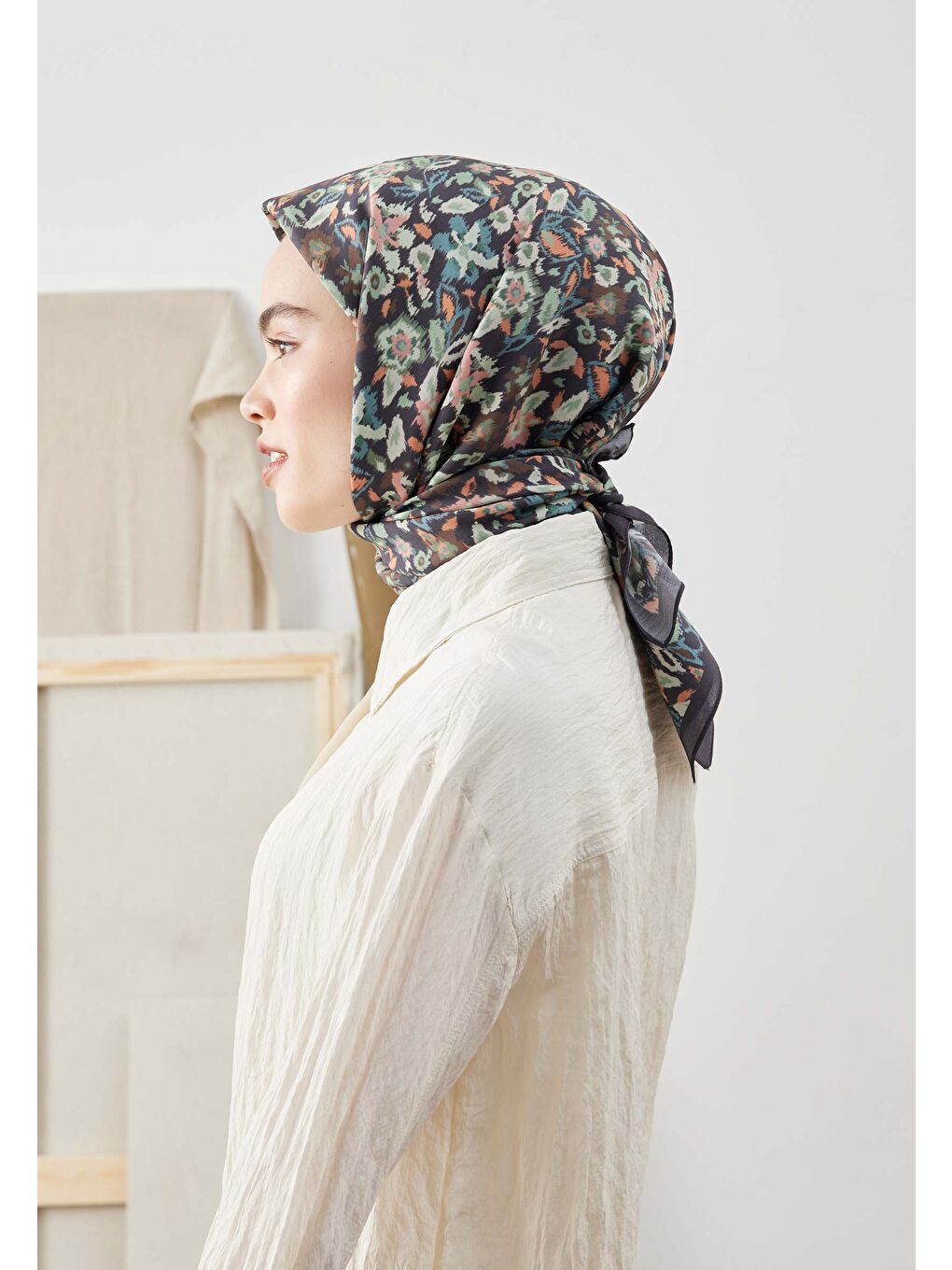 Etnıc Desen Pamuk İpek Eşarp Turkuaz-3