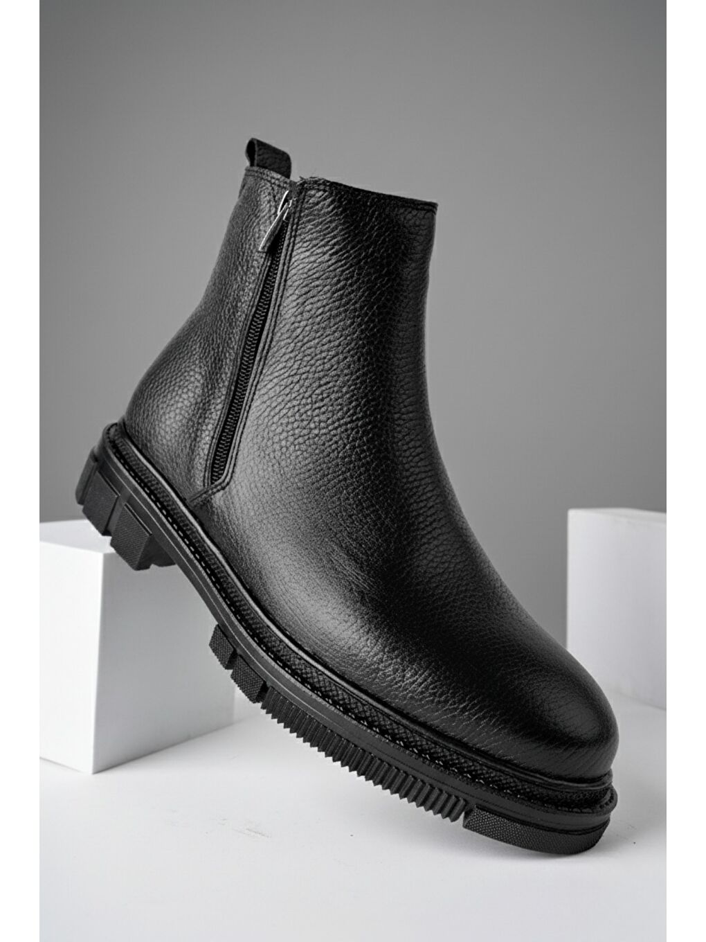 Siyah CHELSEY Hakiki Deri Çift Fermuarlı Erkek Kışlık Bot-3