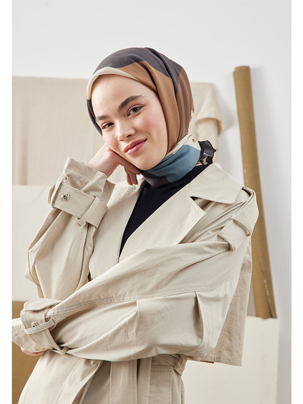 Kahverengi Multı Colors Desen Pamuk İpek Eşarp Kahve