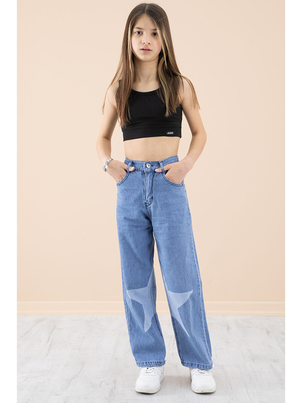 Mavi Yıldız Desenli Kız Çocuk Geniş Paça Jean Pantolon 20273